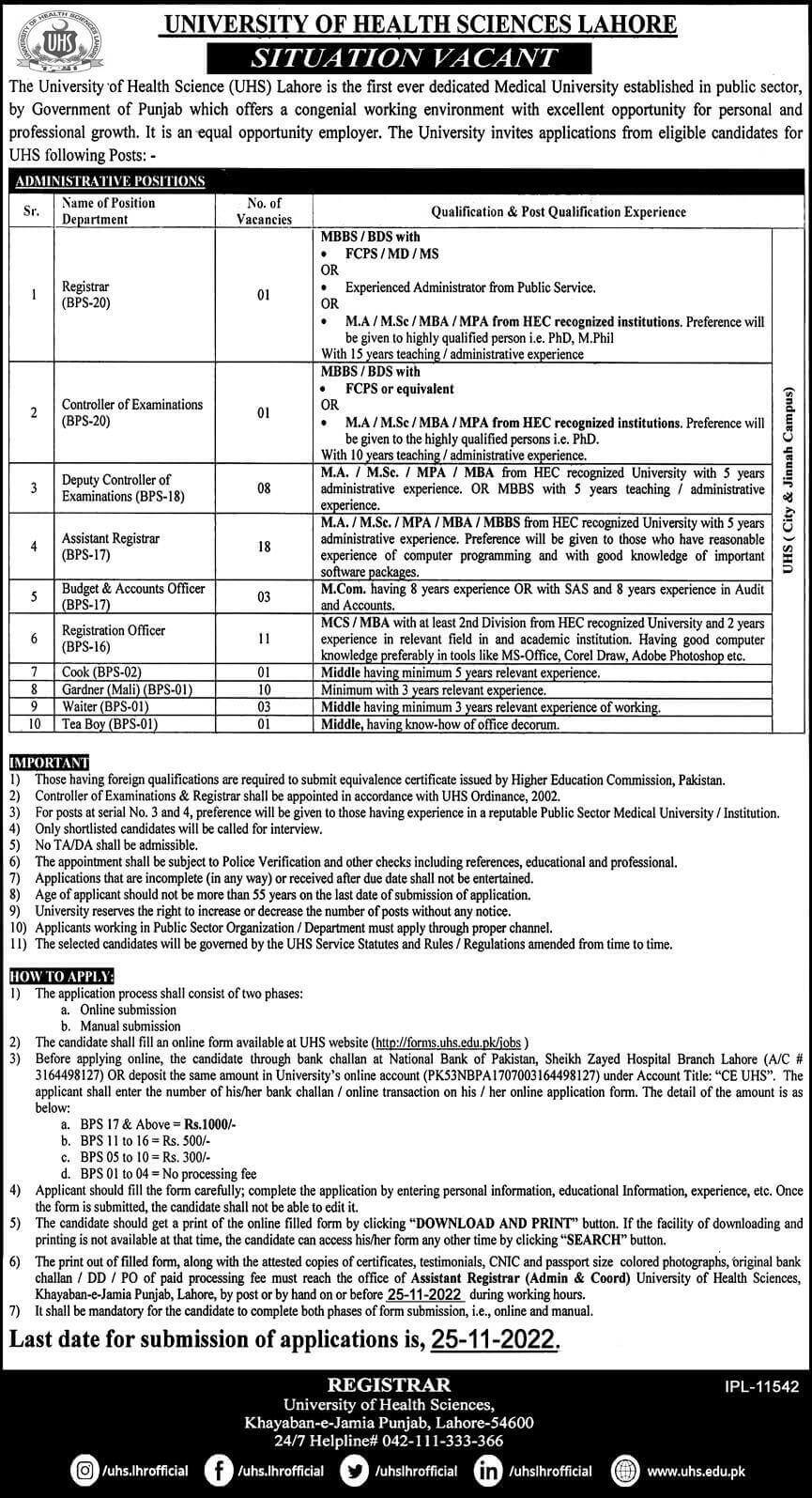 Jobs in University of Health Sciences Lahore 2022